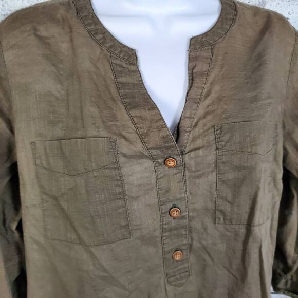 Croft & Barrow Women’s M 100% Cotton Linen Look Olive Green Button Front Top - Picture 2 of 7